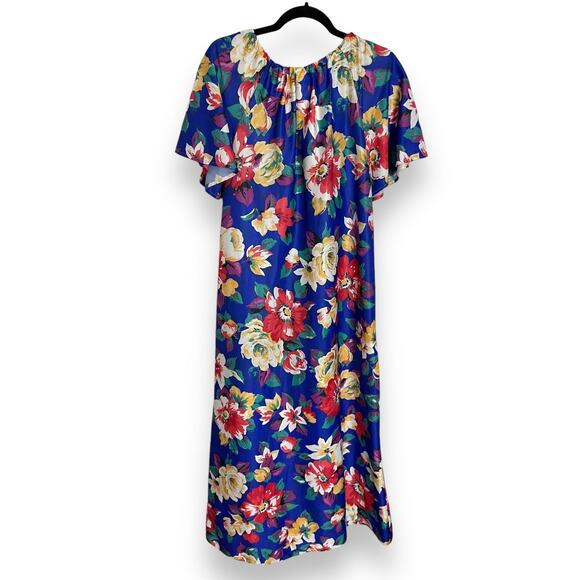 Vintage 80s Take 5 Blue Colorful Floral Lounge Dress Kaftan Muumuu Size Medium - Picture 3 of 4